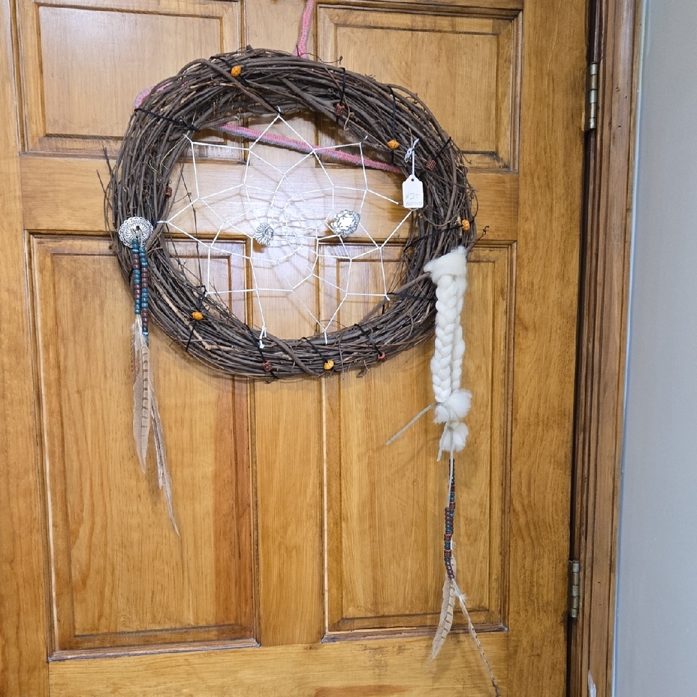 Grapevine Wreath Featuring Dream Catcher, Beads, And Braided Wool